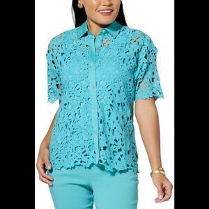 WynneCollection Women's Abstract Floral Lace Top Aqua - Regular